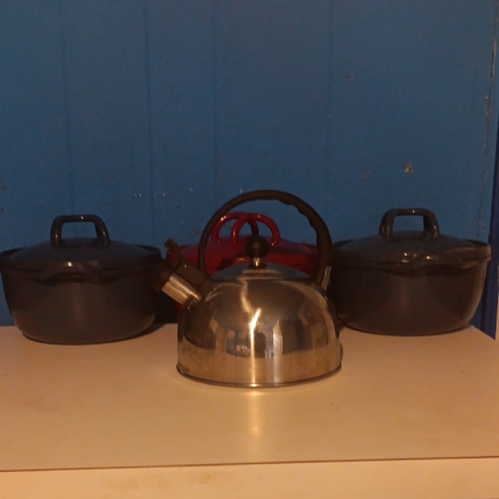 Silver Modern Tea Kettle with Curved Handle plus our 3-Piece Cast Iron Set.